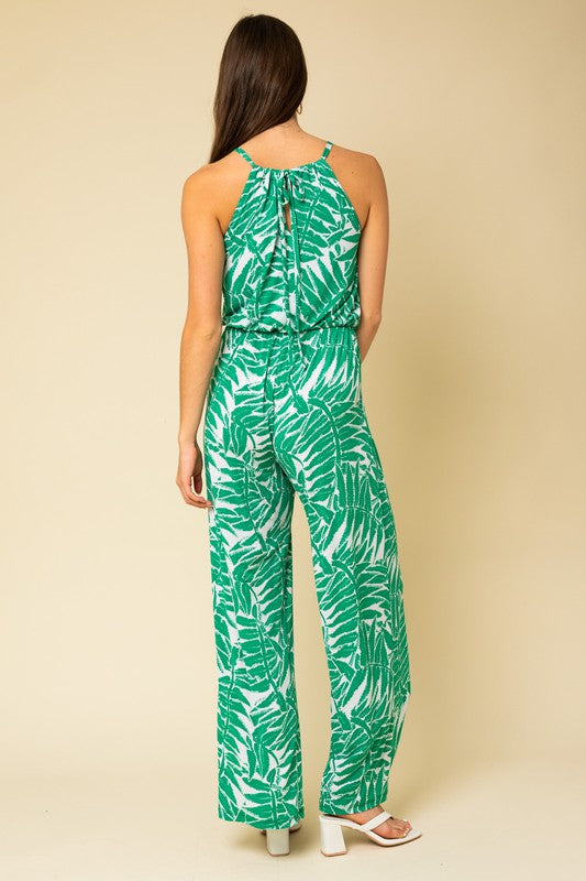 Fern Print Halter Tie Back Jumpsuit - Green
