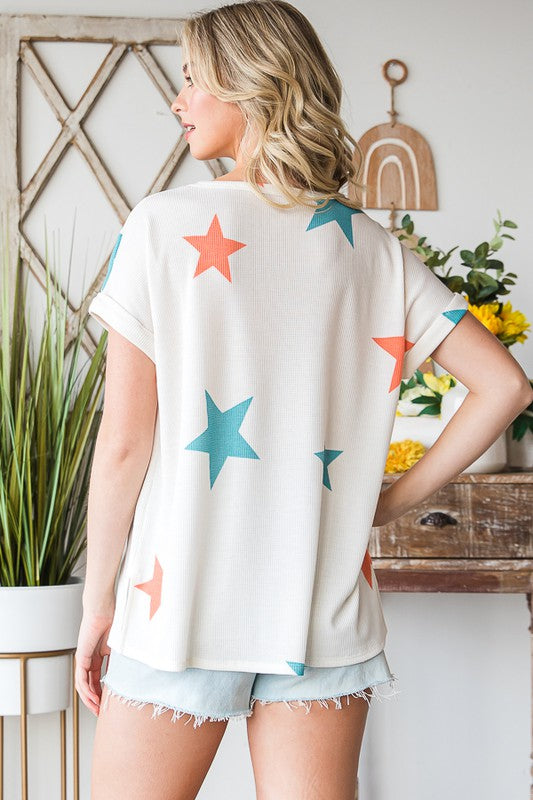 Thermal Star Print Short Sleeve Top- Off White