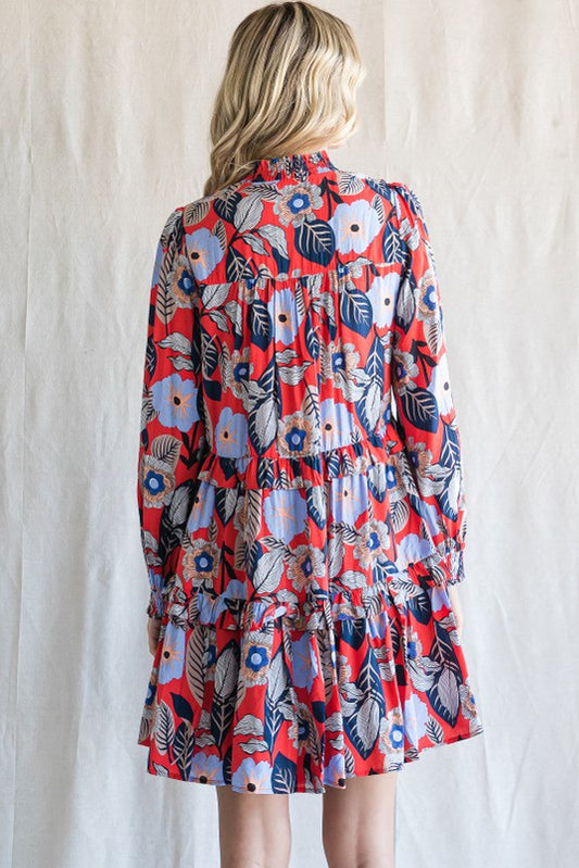 Flower Frill Neck Long Sleeve Tiered Dress - Red