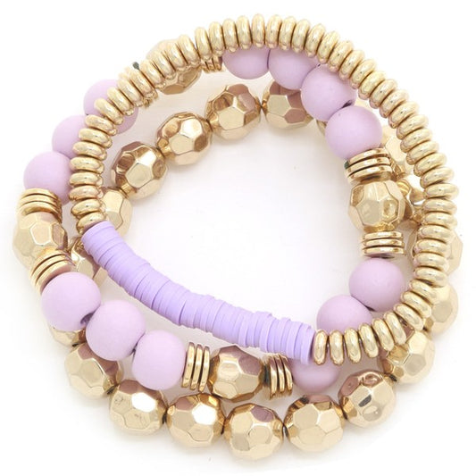 Wood, Disk & Gold Beaded Bracelet Set