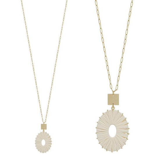 Raffia Wrapped Oval Pendant Necklace