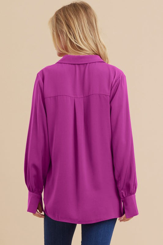 Solid V-Neck Button Down Slit Band Cuff Top