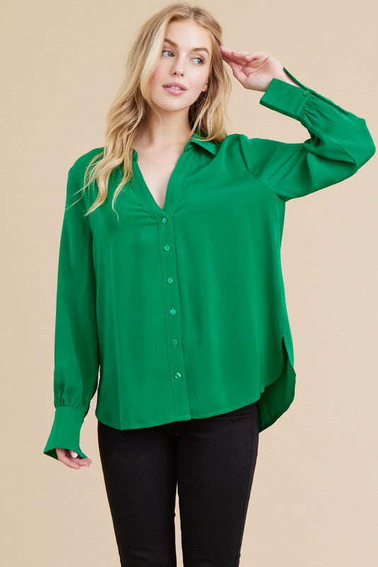 Solid V-Neck Button Down Slit Band Cuff Top