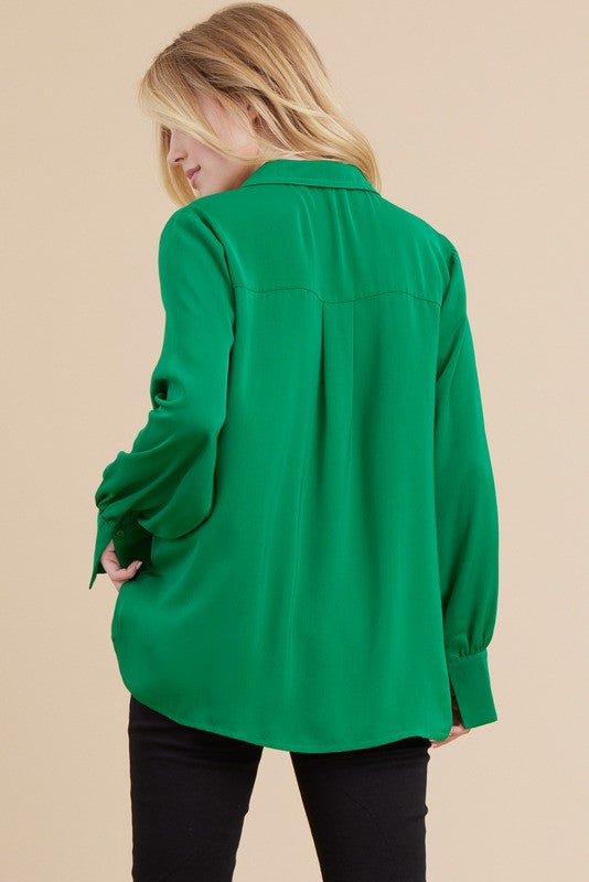 Solid V-Neck Button Down Slit Band Cuff Top