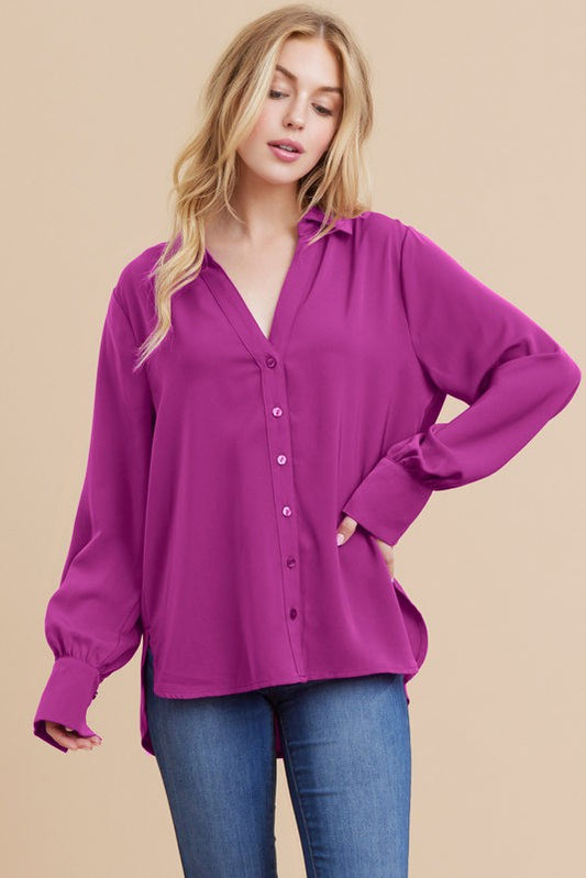 Solid V-Neck Button Down Slit Band Cuff Top
