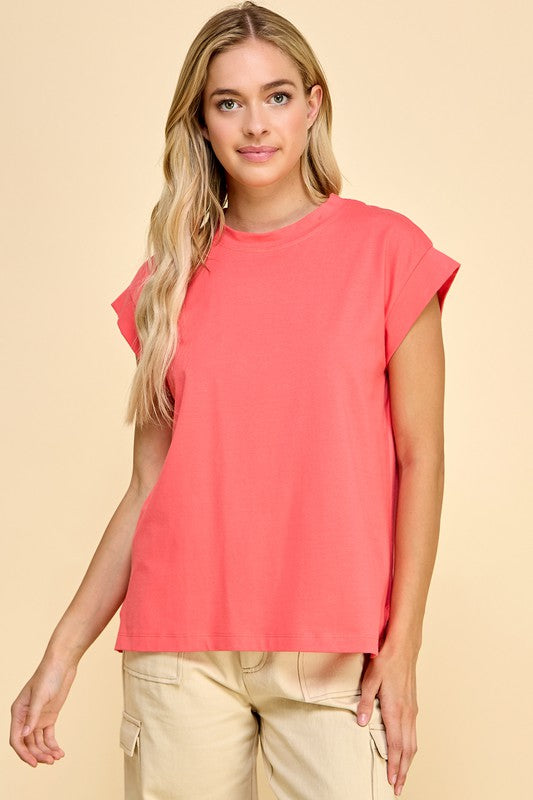 Solid Banded Cap Short Sleeve Top