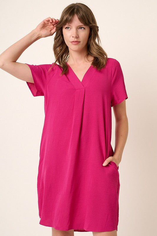 Solid V-neck Short Sleeve Shift Dress