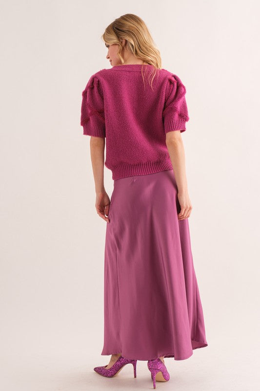 Textured Tonal Criss Cross Short Sleeve Sweater - Magenta