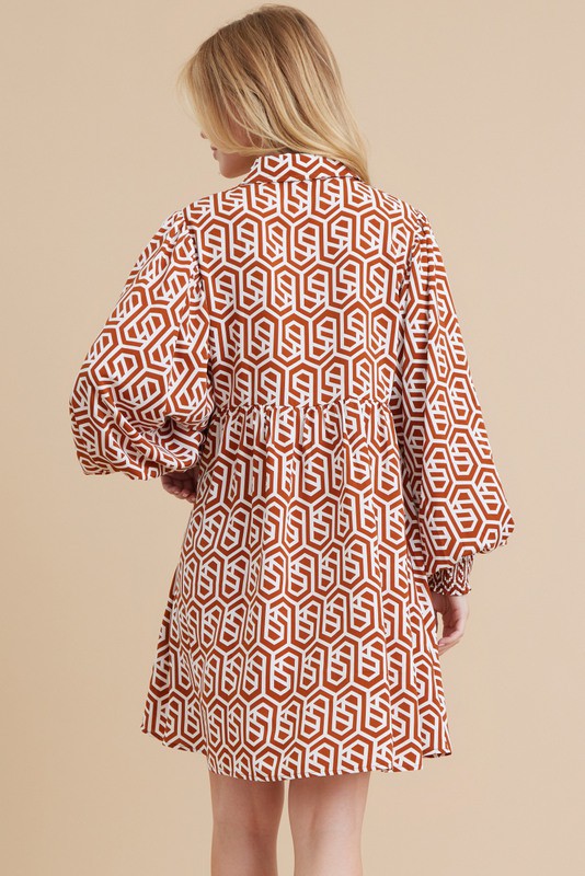 Geo Print Balloon Sleeve Button Detail Dress- Toffee