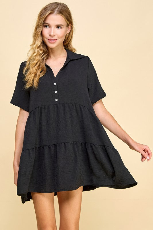 Solid Collared Button Detail Tiered Dress