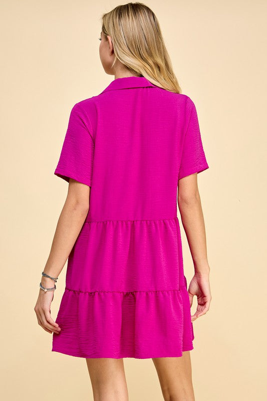 Solid Collared Button Detail Tiered Dress