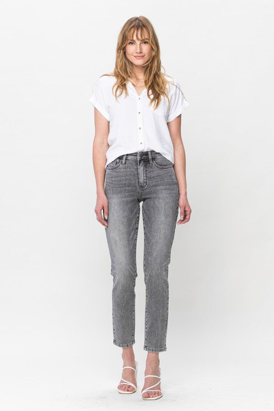 High Waist Stone Wash Slim Fit Denim- Grey