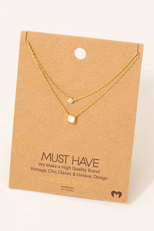 Layered Square Stone Must Have Necklace-Wht