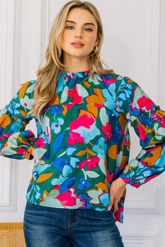 Floral Frill Neck Long Ruffle Detail Sleeve Top - Green