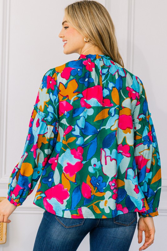 Floral Frill Neck Long Ruffle Detail Sleeve Top - Green