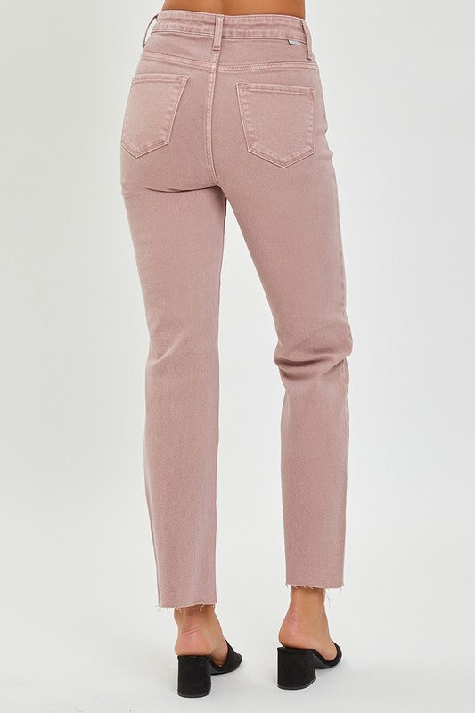 High Rise Side Slit Raw Hem Straight Denim-Mauve