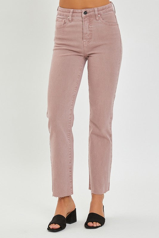 High Rise Side Slit Raw Hem Straight Denim-Mauve