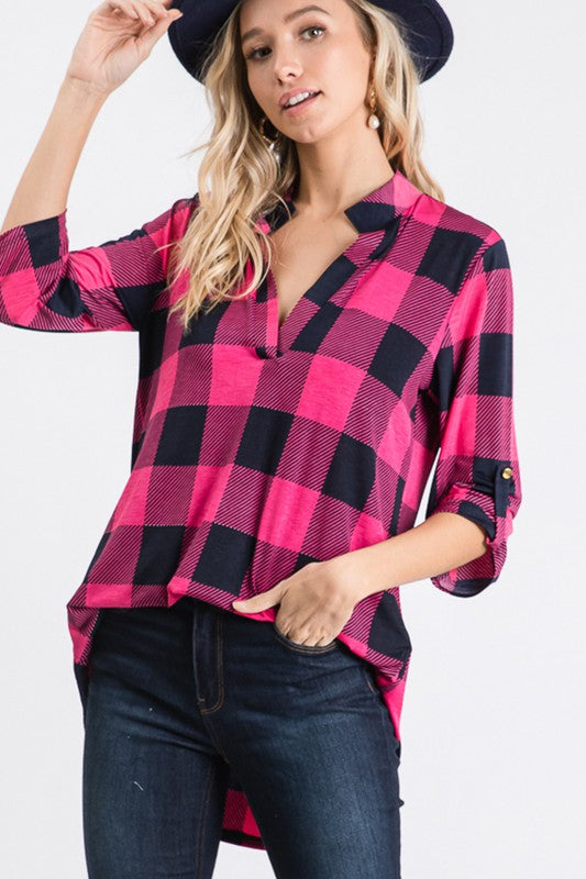 Buffalo Plaid Collared 3/4 Sleeve Top-Nvy/Fuchsia