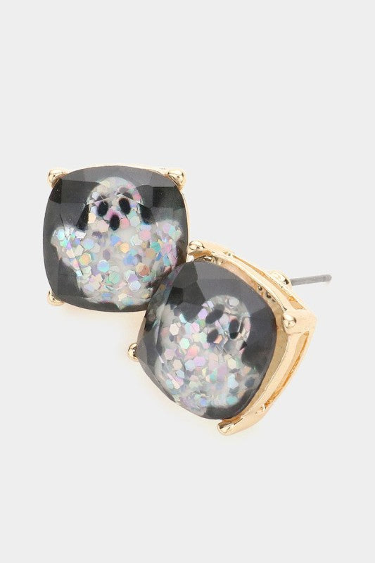 Glitter Ghost Cushion Square Stud Earring-Blk