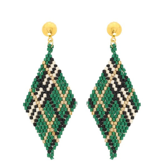 Plaid Seed Bead Diamond Shaped Earrings