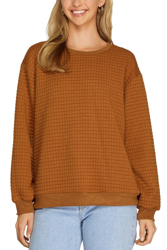 Solid Long Sleeve Quilted Pull Over