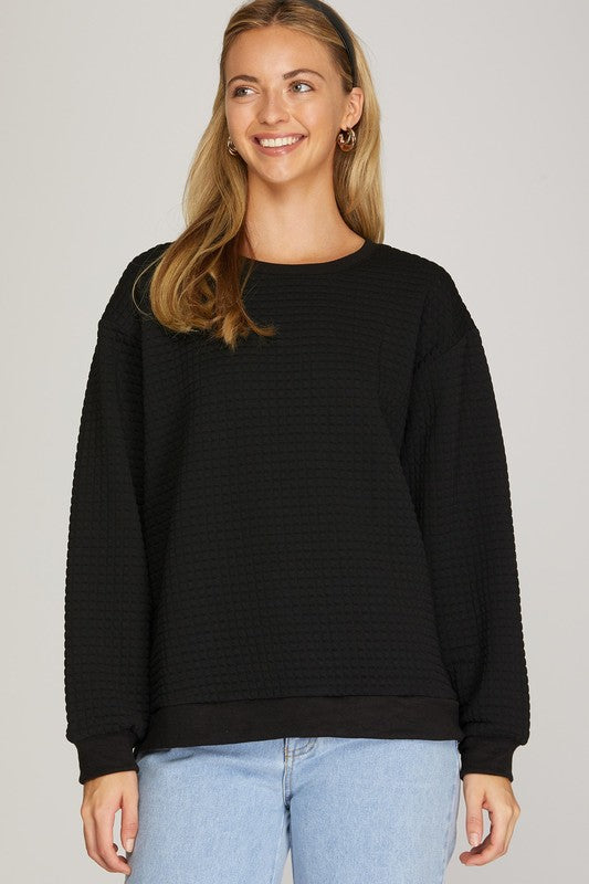 Solid Long Sleeve Quilted Pull Over
