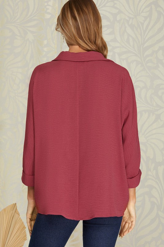 Solid Collared Cuffed 3/4 Sleeve Top