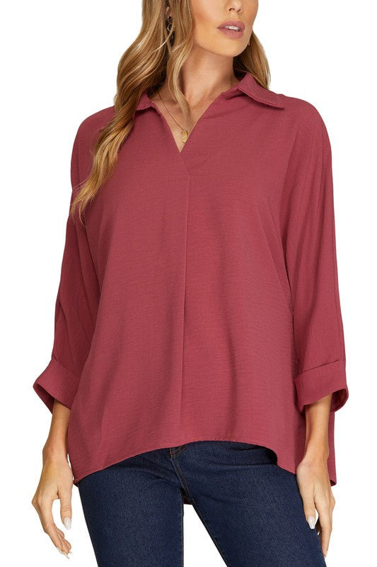 Solid Collared Cuffed 3/4 Sleeve Top