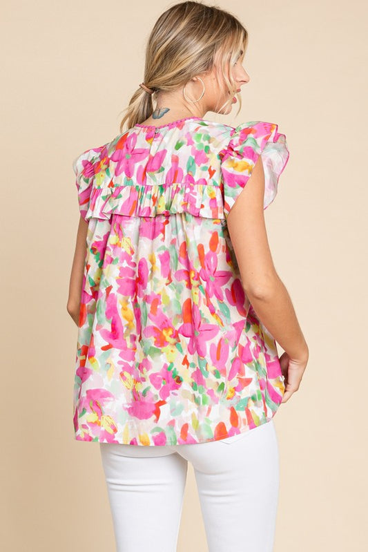 Floral Trim Neck Ruffle Cap Sleeve Top