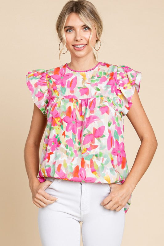 Floral Trim Neck Ruffle Cap Sleeve Top