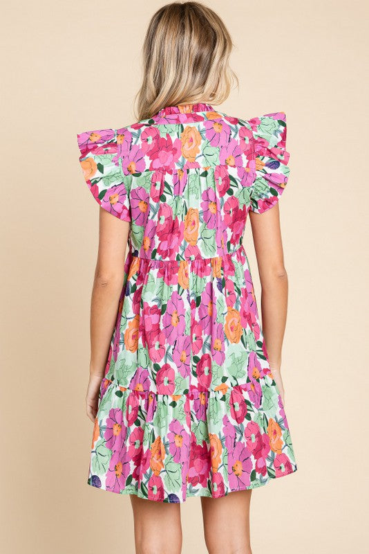 Floral V-Neck Ruffle Sleeve Tiered Dress - Mauve