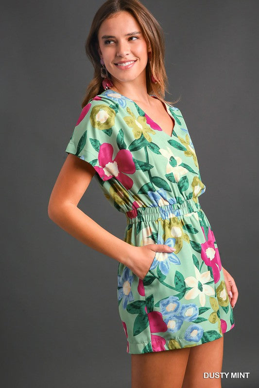 Floral V-Neck Smocked Waist Romper- Mint