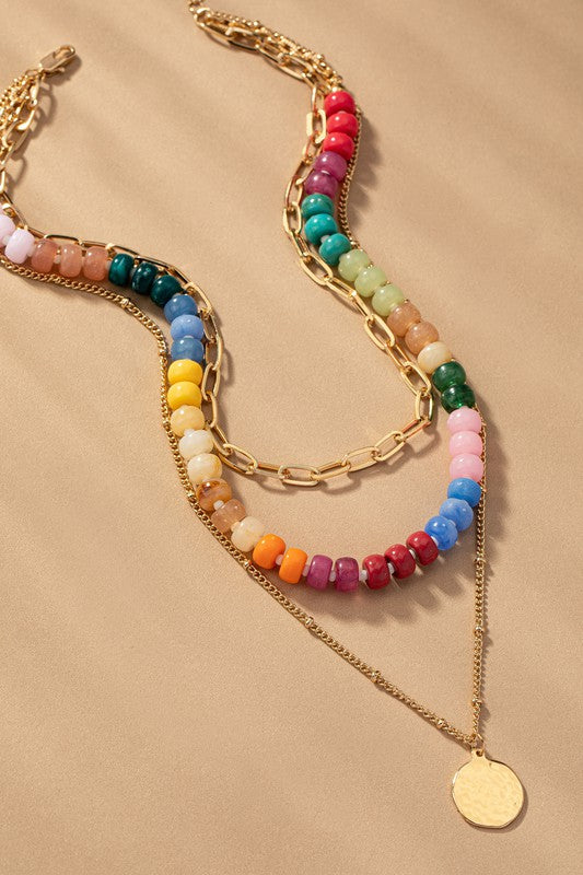 Triple Layer Chunky Colorful Bead Coin Necklace