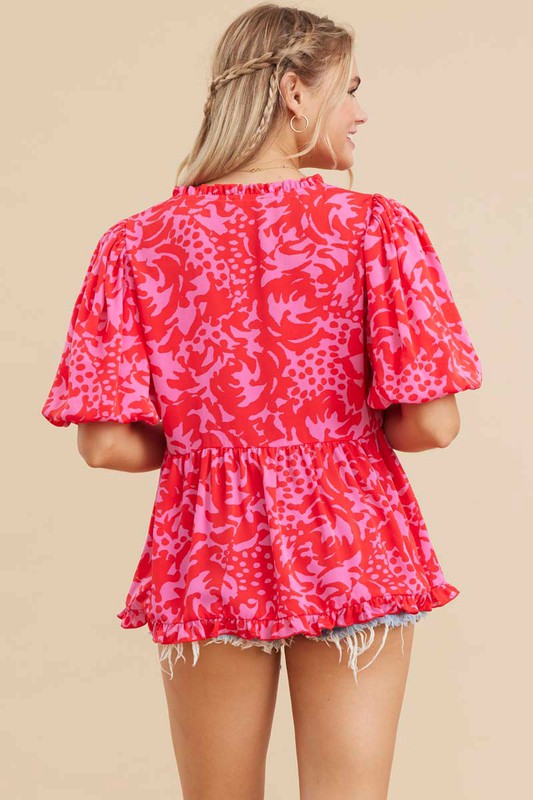 Abstract Floral Ruffle V-Neck Puff Sleeve Baby Doll Top - Pink