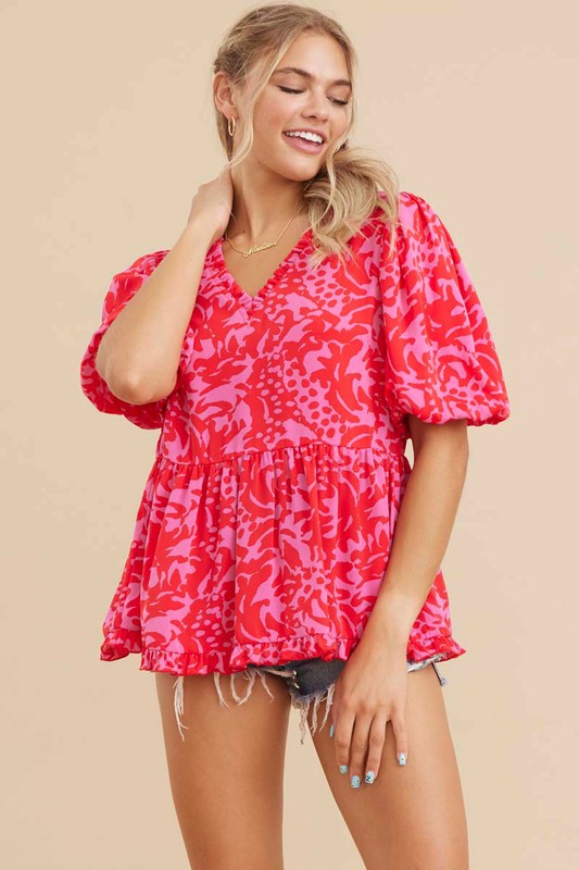 Abstract Floral Ruffle V-Neck Puff Sleeve Baby Doll Top - Pink
