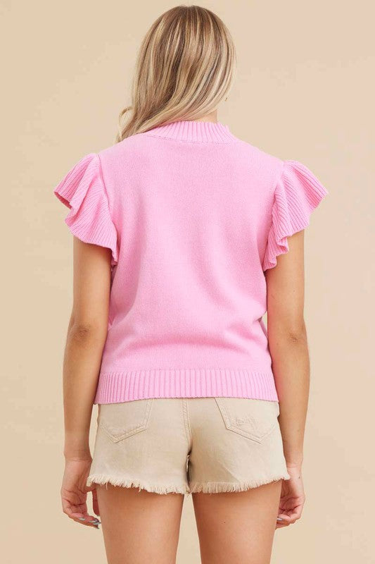 Solid Ribbed Ruffled Short Sleeve Sweater