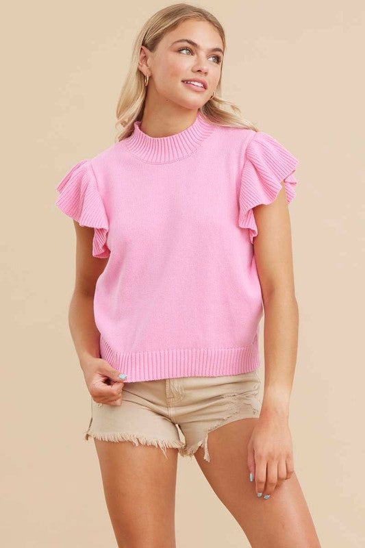 Solid Ribbed Ruffled Short Sleeve Sweater