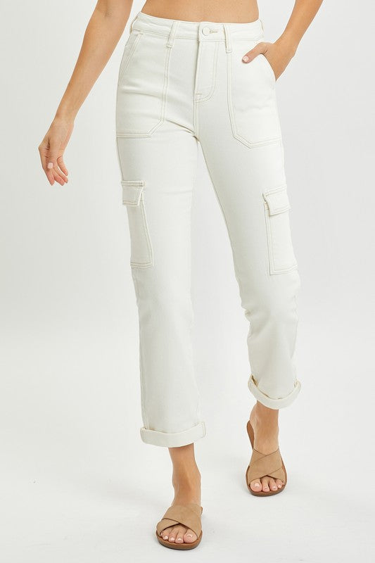 High Rise Cargo Roll Up Straight Denim-Cream