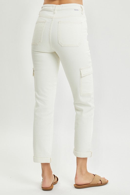 High Rise Cargo Roll Up Straight Denim-Cream