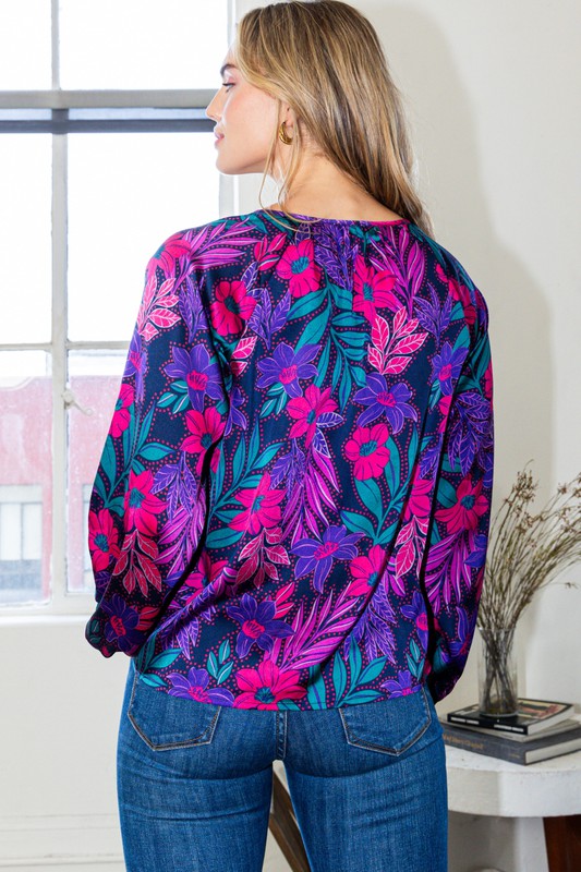 Floral Gathered V-Neck Long Cuffed Sleeve Top - Navy