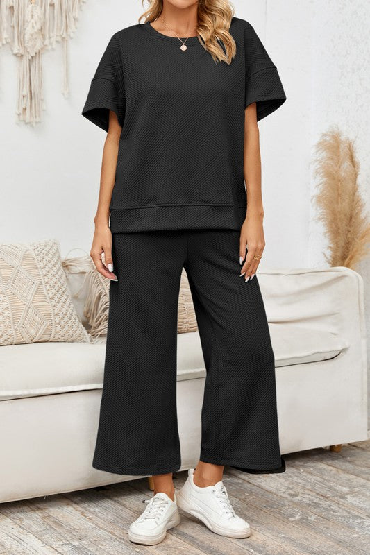 Textured Top & Drawstring Pant Set
