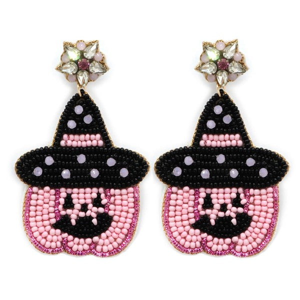 Pink Pumpkin Witch Hat Earring