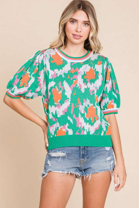 Geo Print Striped Cuff Bubble Sleeve Sweater - Green