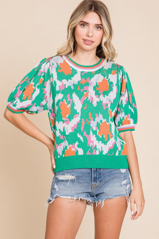 Geo Print Striped Cuff Bubble Sleeve Sweater - Green