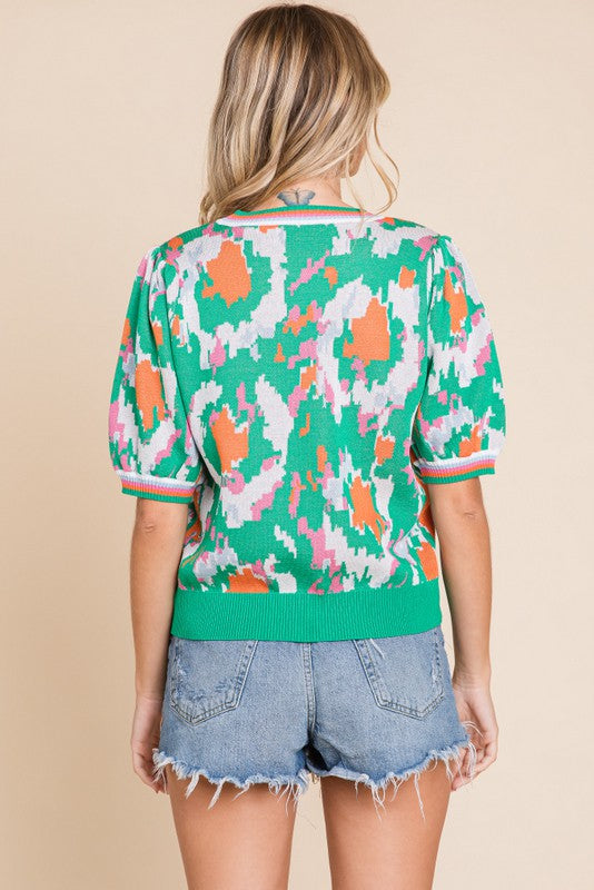 Geo Print Striped Cuff Bubble Sleeve Sweater - Green
