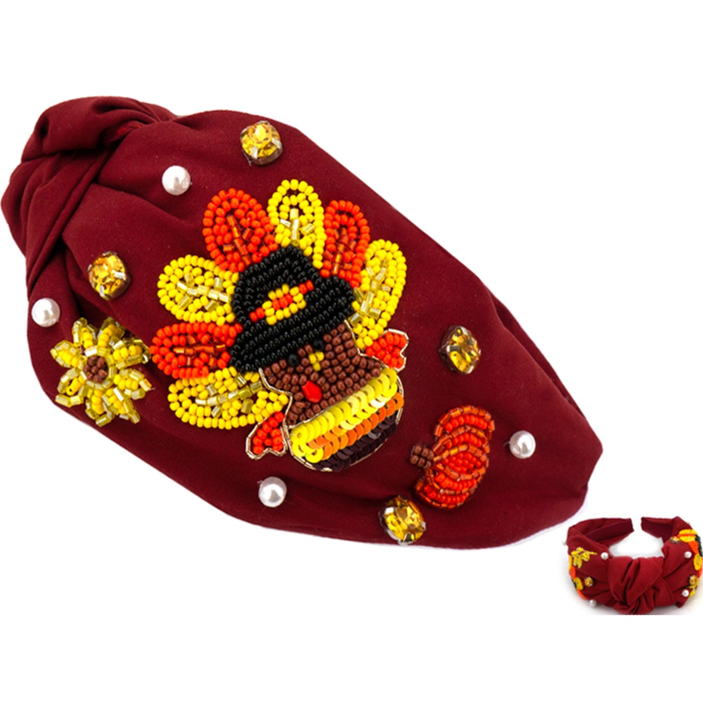 Seed Bead Turkey Headband-Burgundy