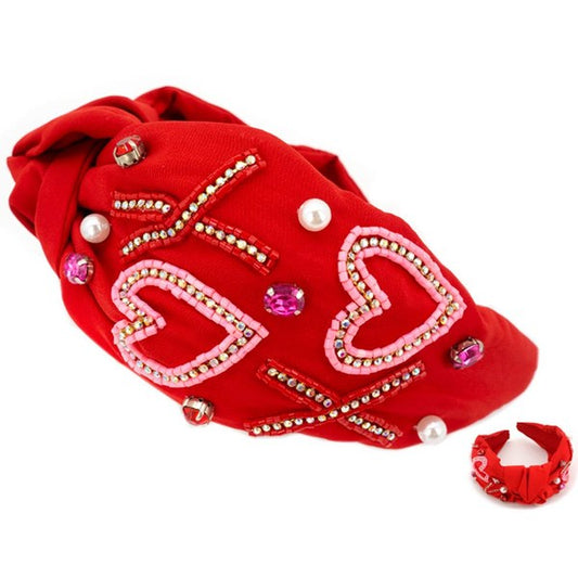 XO Heart Beaded Headband - Red