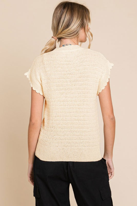 Textured Stripe Scallop Edge Short Sleeve Sweater