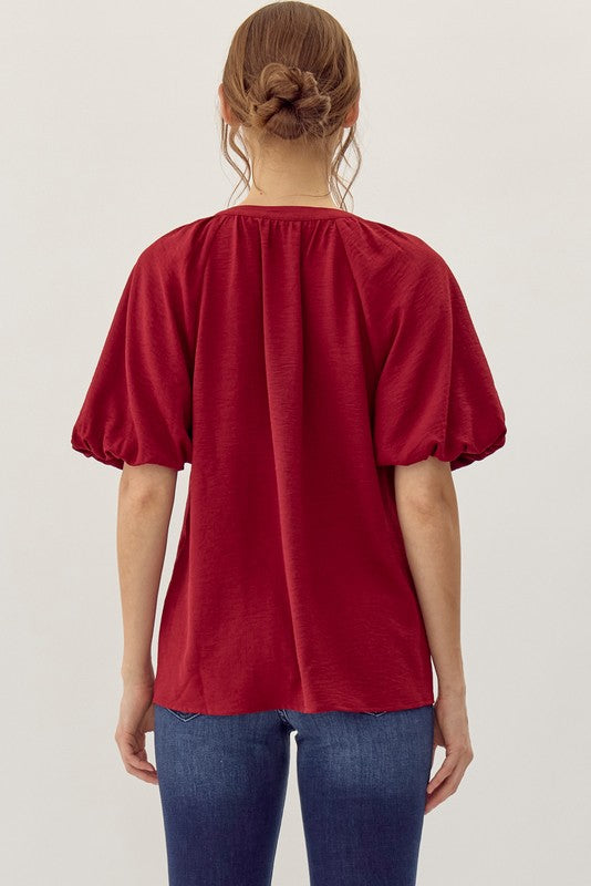Solid V-Neck Balloon Short Sleeve Top