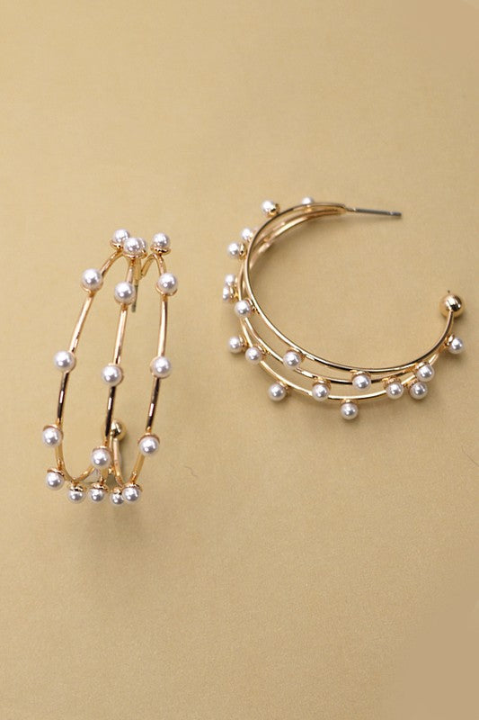 Pearl Triple Row Hoop Earrings